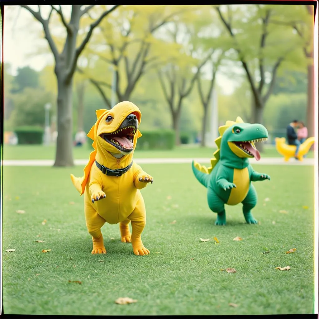 Dogs in dinosaur onesies!