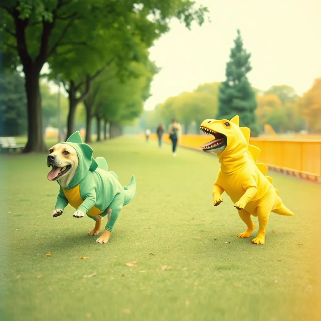 Dogs in dinosaur onesies!