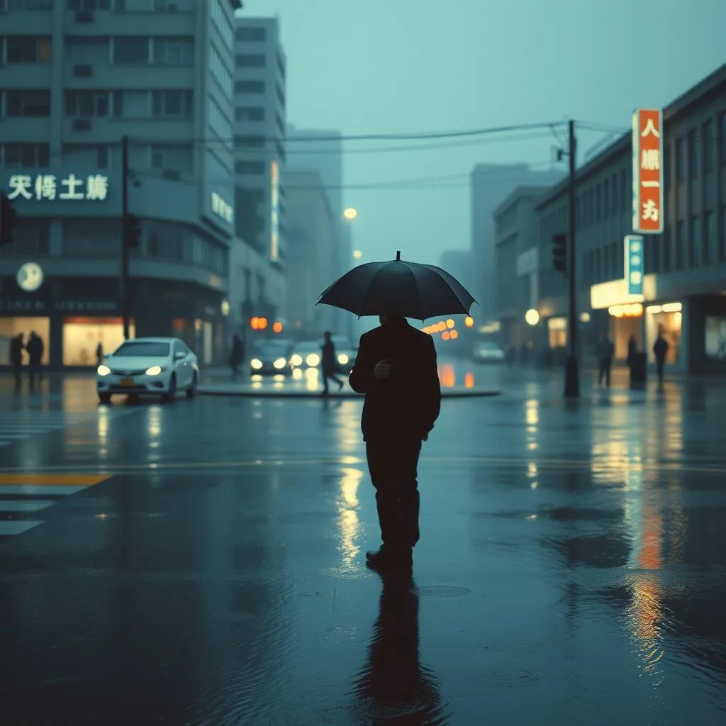 雨中撑伞的人