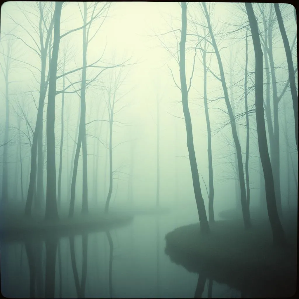 Forest walk in the fog at dusk