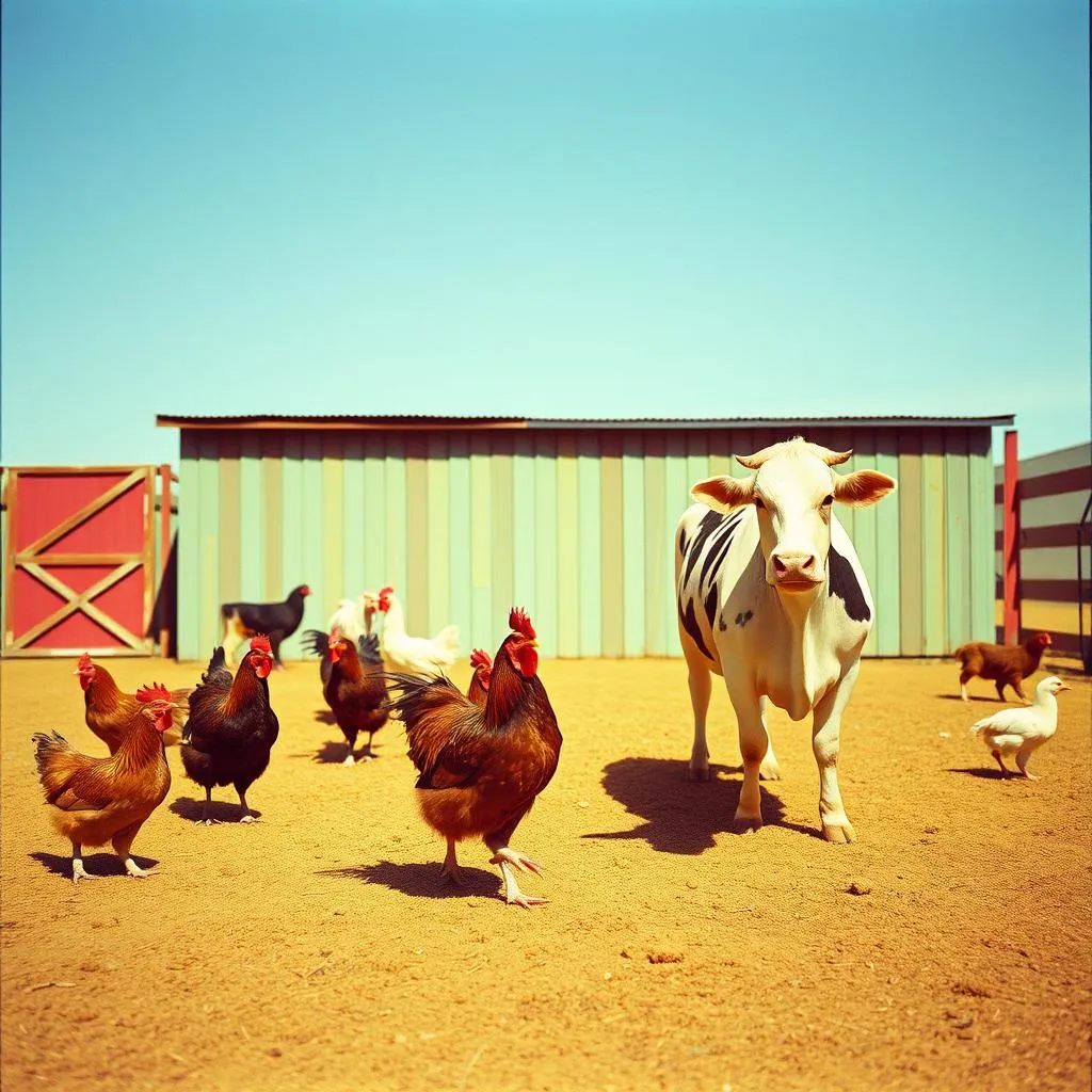 Two Chickens and a Brown Cow