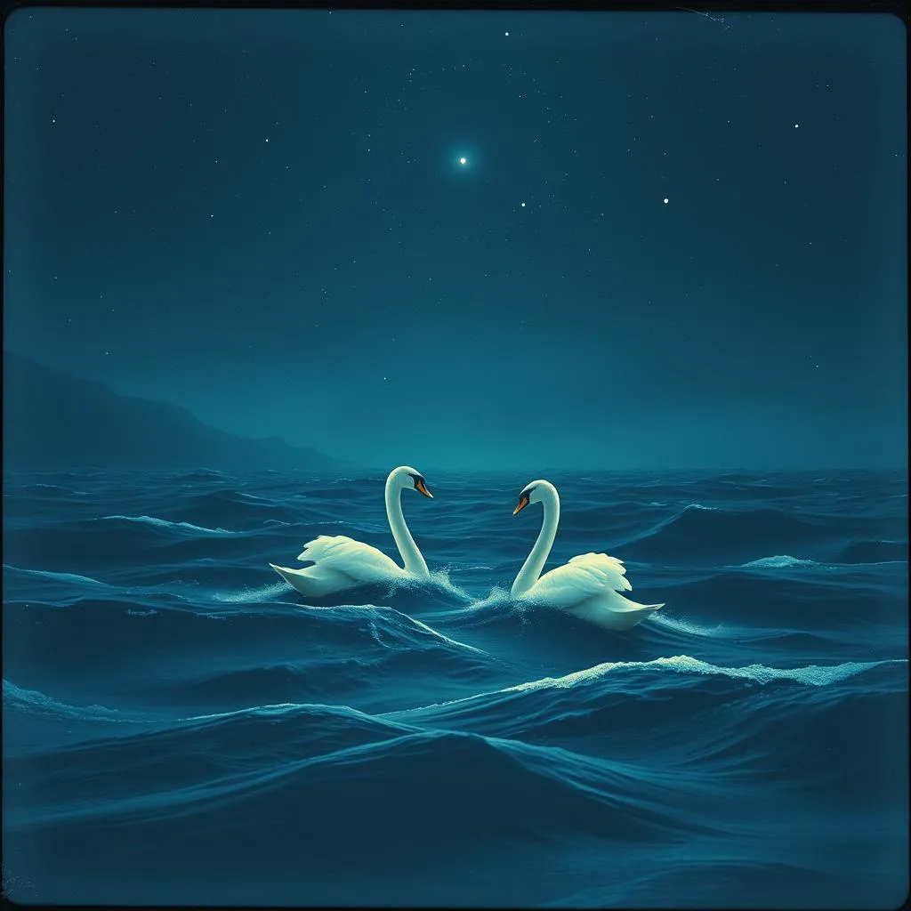 Two swans in a storm
