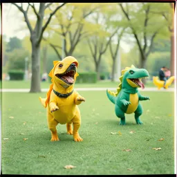 Dogs in dinosaur onesies!