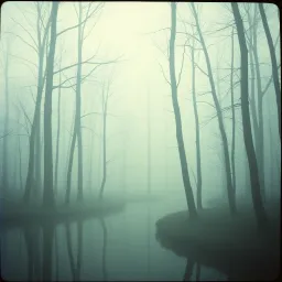 Forest walk in the fog at dusk