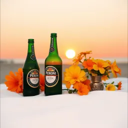 Med peroni i handen och solen som ler